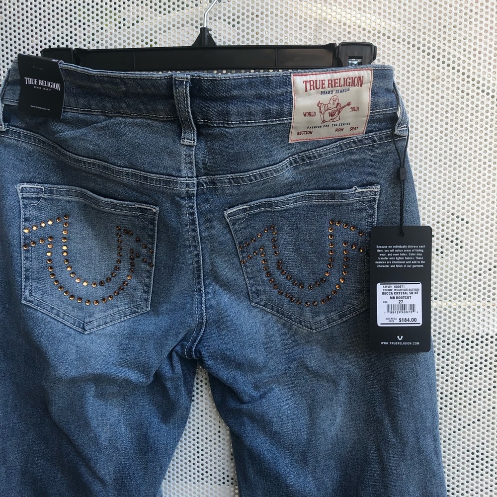 True Religion Women's Blue Bootcut Jeans with Studded Back Pockets